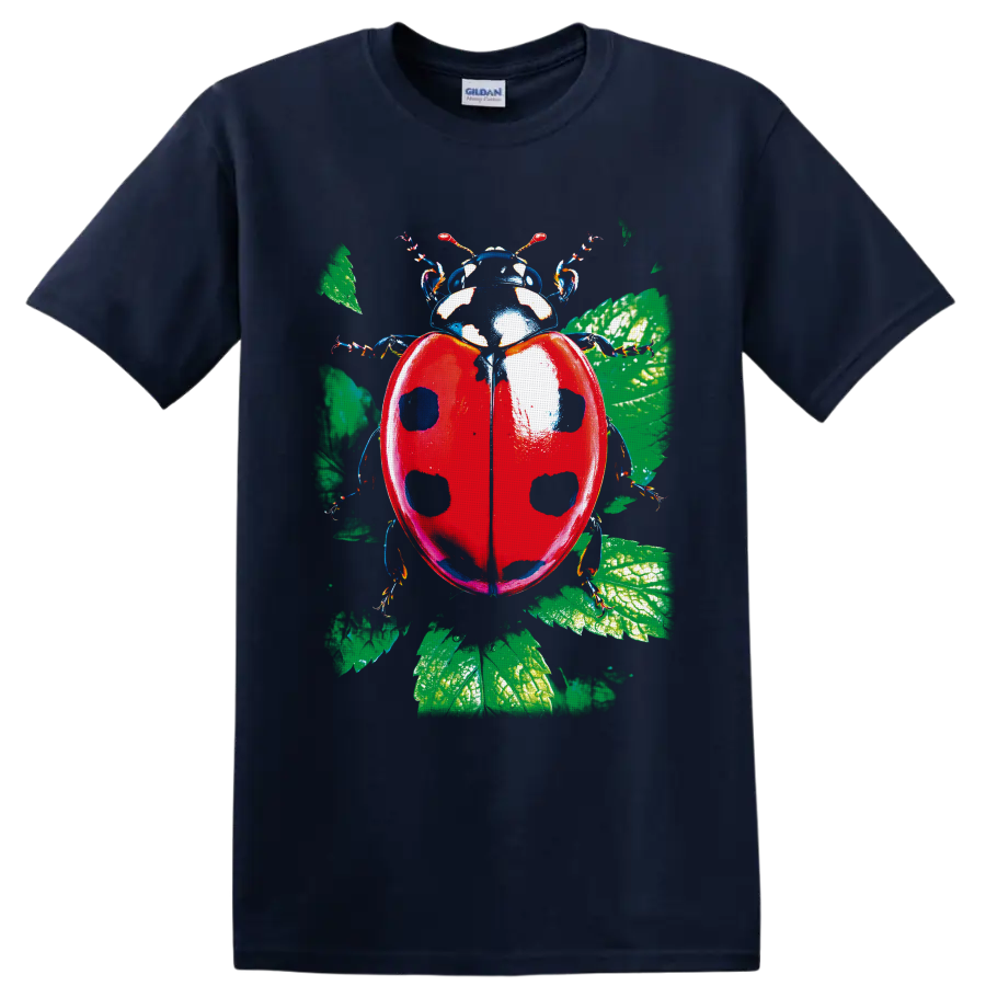 Detailed red ladybug with black spots and green botanical leaves illustration on a Navy (Blue) T Shirt