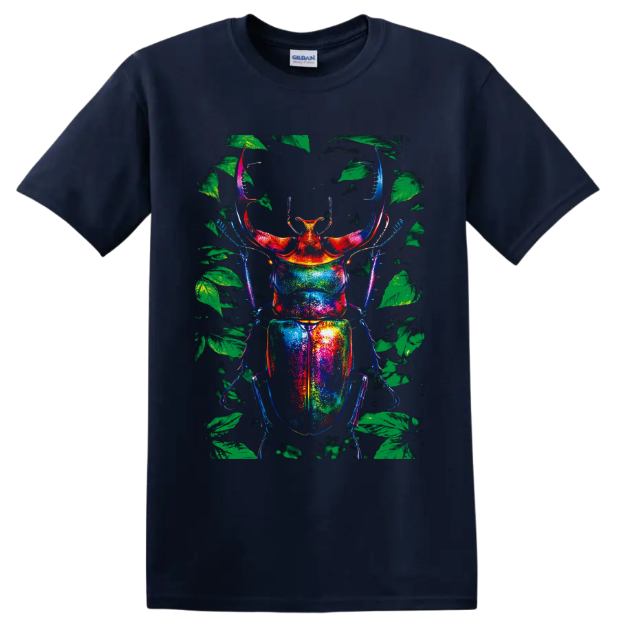 Rainbow stag beetle illustration with green forest leaves in neon-style colors on a Navy (Blue) T Shirt