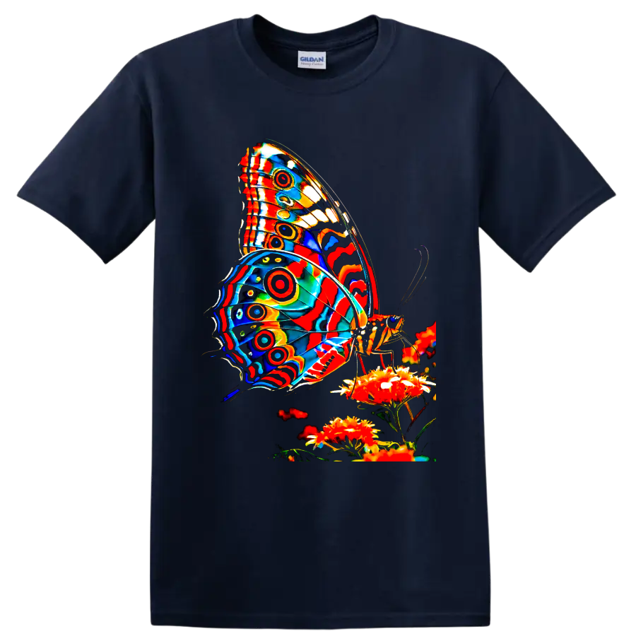 Psychedelic butterfly with vivid patterned wings perched on bright garden flowers on a Navy (Blue) T Shirt