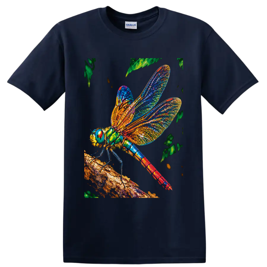 Colorful stained-glass-style dragonfly perched on a textured branch with leafy foliage on a Navy (Blue) T Shirt