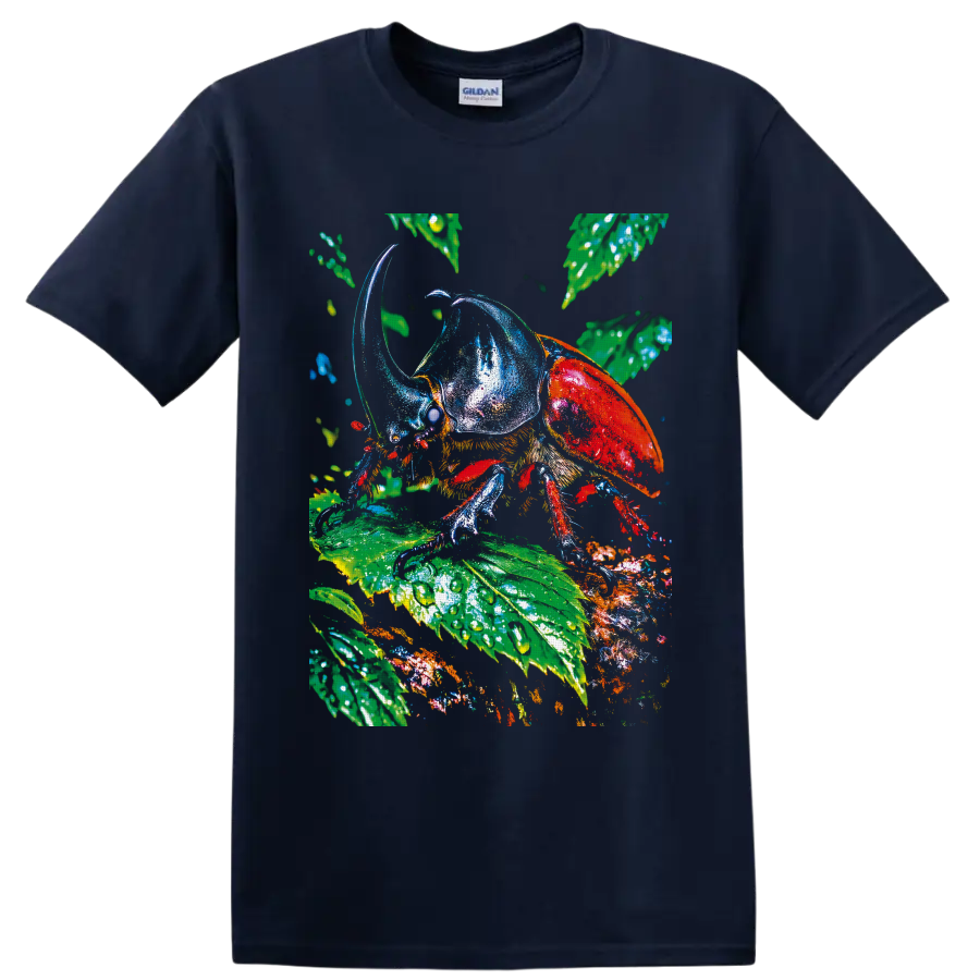 Colorful rhinoceros beetle illustration on glossy tropical rainforest leaves on a Navy (Blue) T Shirt