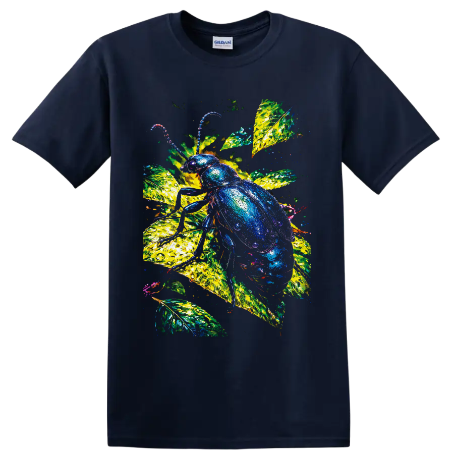 Jewel-toned beetle on luminous tropical leaves with water-droplet texture on a Navy (Blue) T Shirt