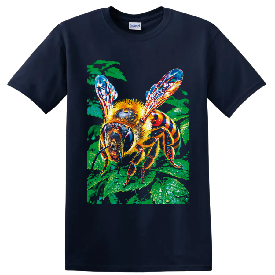 Colorful honey bee with translucent wings on glossy green garden leaves on a Navy (Blue) T Shirt