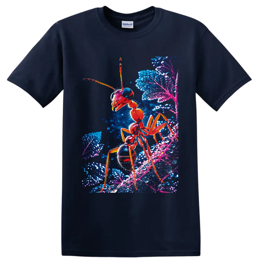 Neon red ant macro illustration on glowing blue and purple leaves with water droplets on a Navy (Blue) T Shirt
