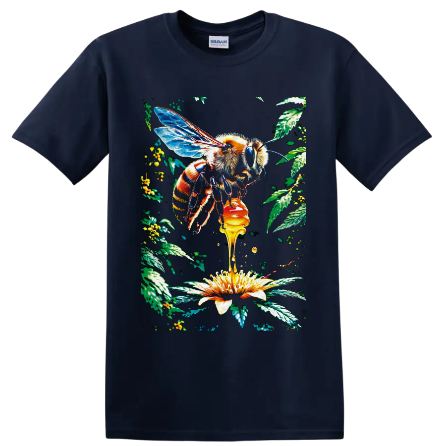 Detailed Honey Bee with blue wings, dripping honey, yellow flower, and botanical leaves on a Navy (Blue) T Shirt