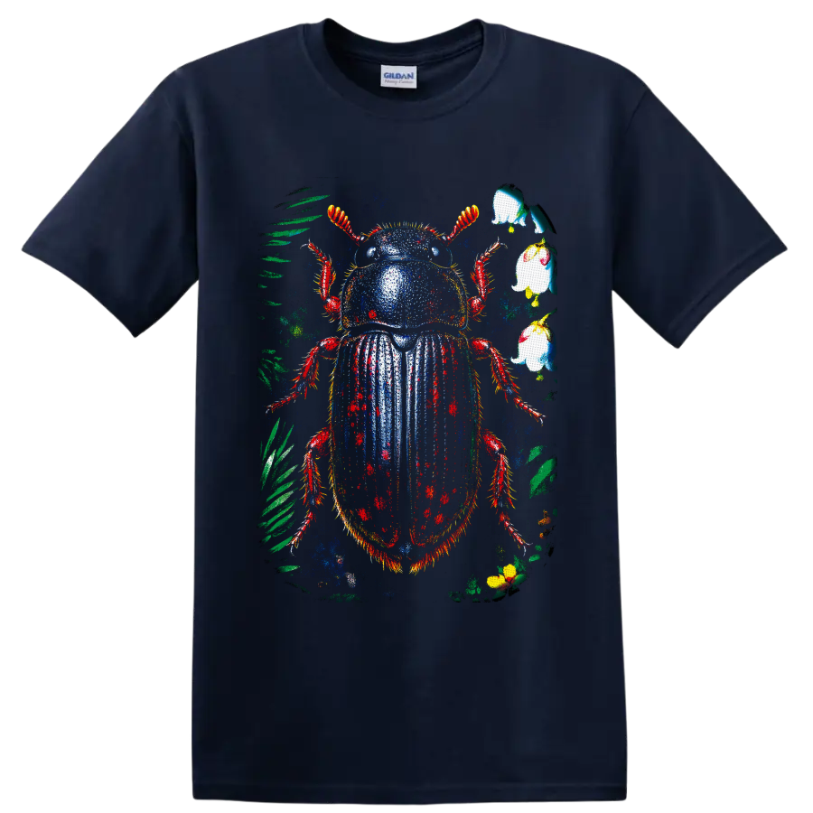 Distressed colorful beetle with tropical leaves and pale blossoms on a Navy (Blue) T Shirt