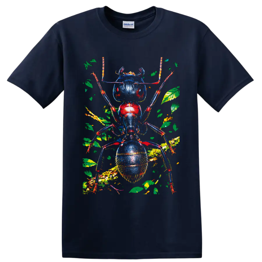 Colorful macro ant portrait with blue and red body, leafy forest branches and antennae on a Navy (Blue) T Shirt