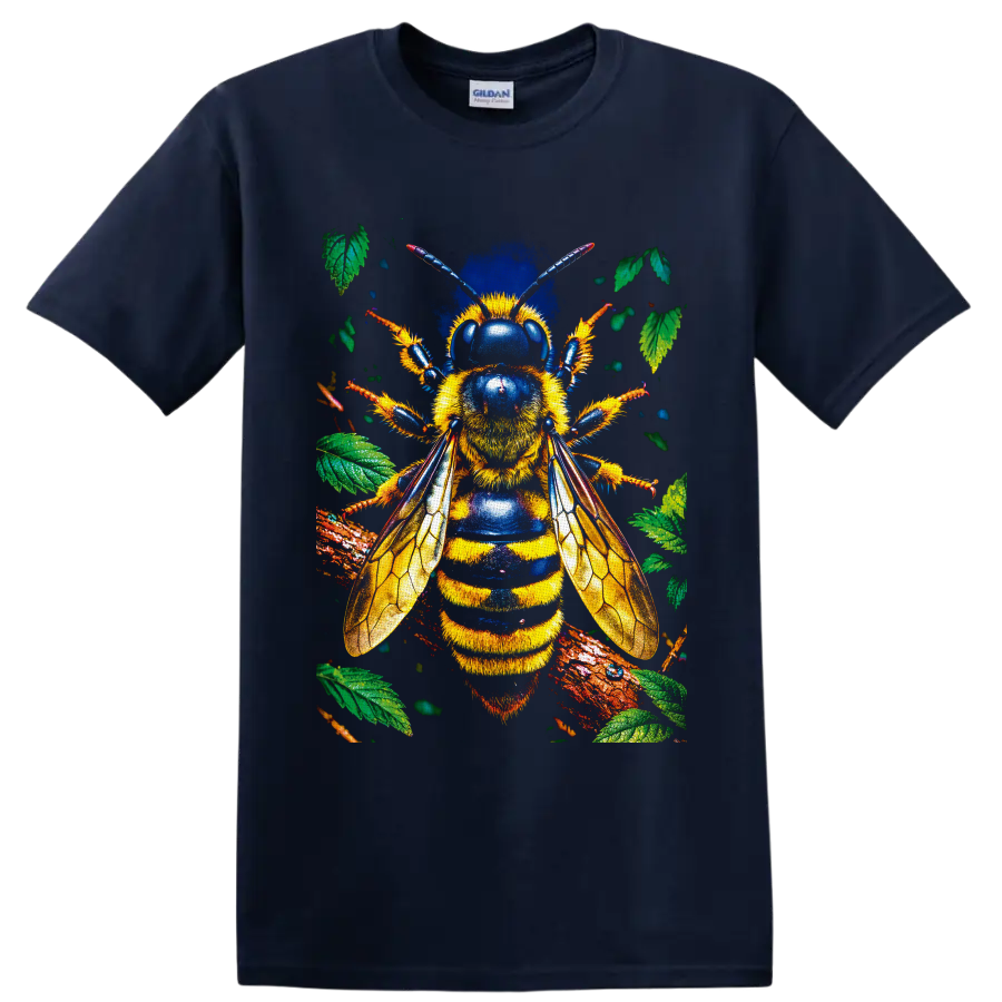 Detailed bumblebee with golden wings, blue accents, leaves, and branches on a Navy (Blue) T Shirt