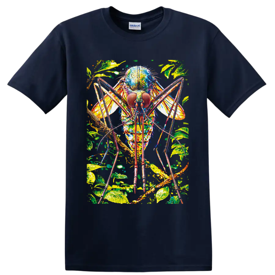 Colorful close-up mosquito illustration with tropical leaves, wings, and branches on a Navy (Blue) T Shirt