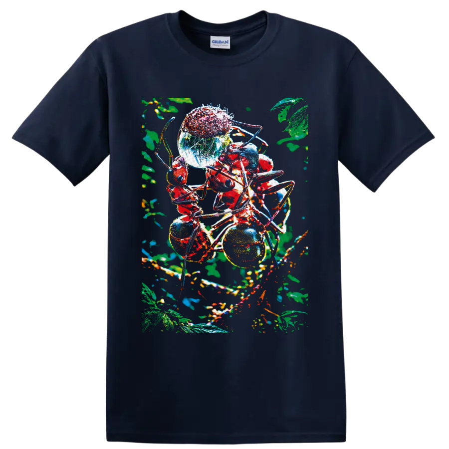 Colorful red ants among berries and leaves in surreal macro forest art on a Navy (Blue) T Shirt