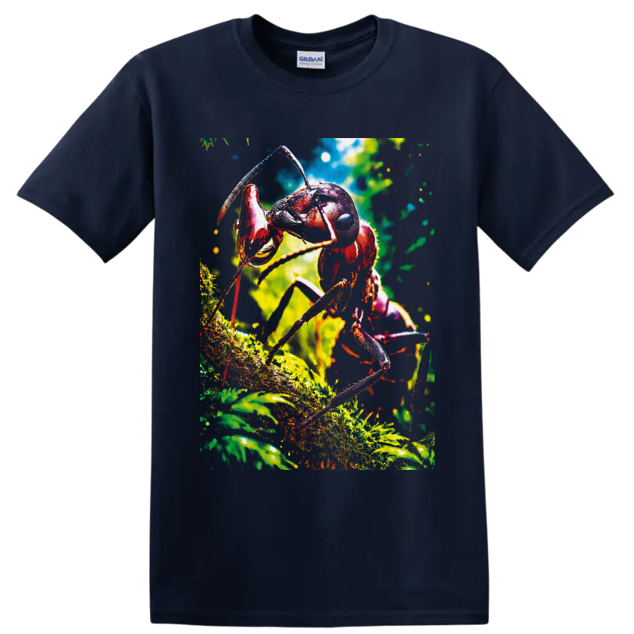 Colorful macro ant climbing on a mossy branch in a sunlit forest on a Navy (Blue) T Shirt