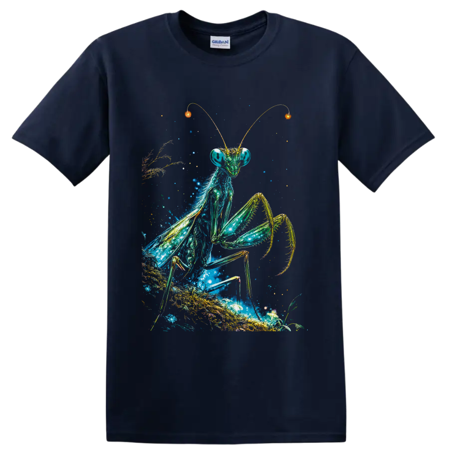 Cosmic praying mantis illustration with stars, glowing plants, mushrooms, and golden on a Navy (Blue) T Shirt