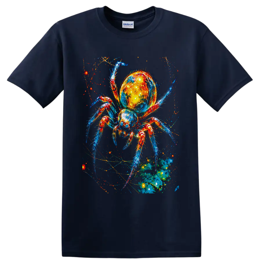 Neon cosmic spider with glowing galaxy abdomen, colorful legs, and web-like sparks on a Navy (Blue) T Shirt