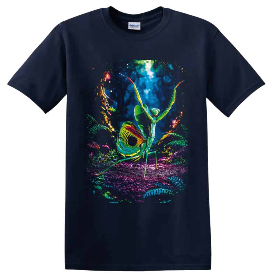 Psychedelic praying mantis amid glowing ferns, mushrooms, and colorful forest plants on a Navy (Blue) T Shirt