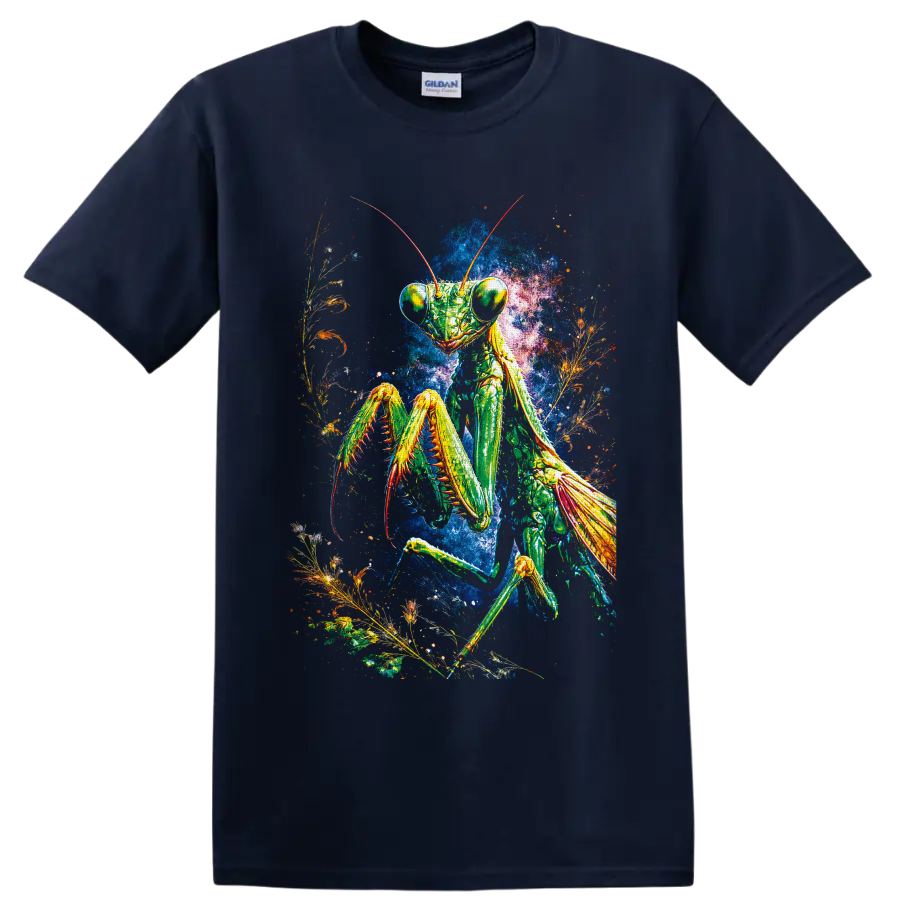Psychedelic praying mantis with botanical fronds and a vivid cosmic background on a Navy (Blue) T Shirt