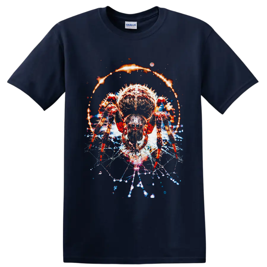 Tarantula with fiery halo, glowing web strands, and cosmic dark fantasy effects on a Navy (Blue) T Shirt