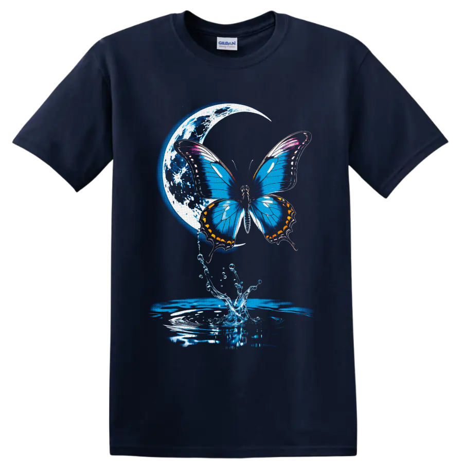 Blue butterfly with crescent moon, water splash, and rippling fantasy nature art on a Navy (Blue) T Shirt