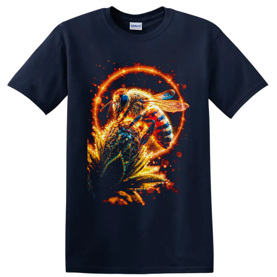Glowing honey bee on a flower with fiery orange light ring and sparkling botanical art on a Navy (Blue) T Shirt