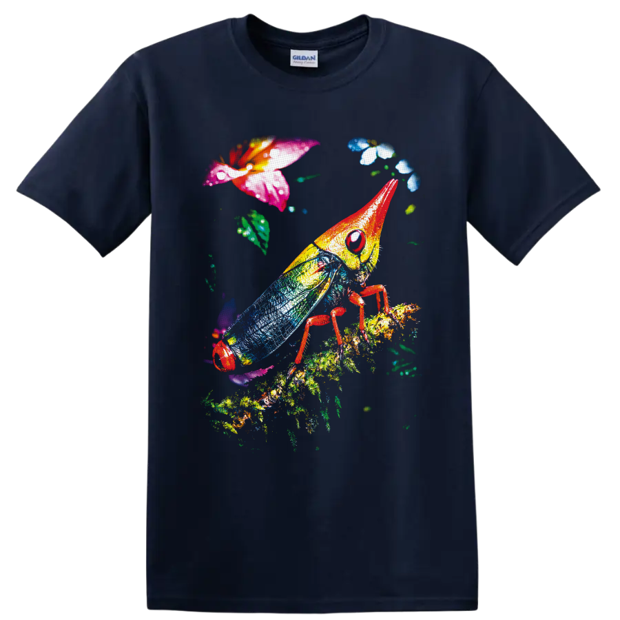 Colorful grasshopper with blue wings on a leafy branch among tropical flowers on a Navy (Blue) T Shirt