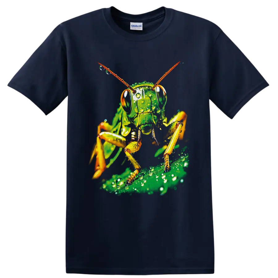 Dew-covered grasshopper macro art with orange antennae on a green leaf on a Navy (Blue) T Shirt