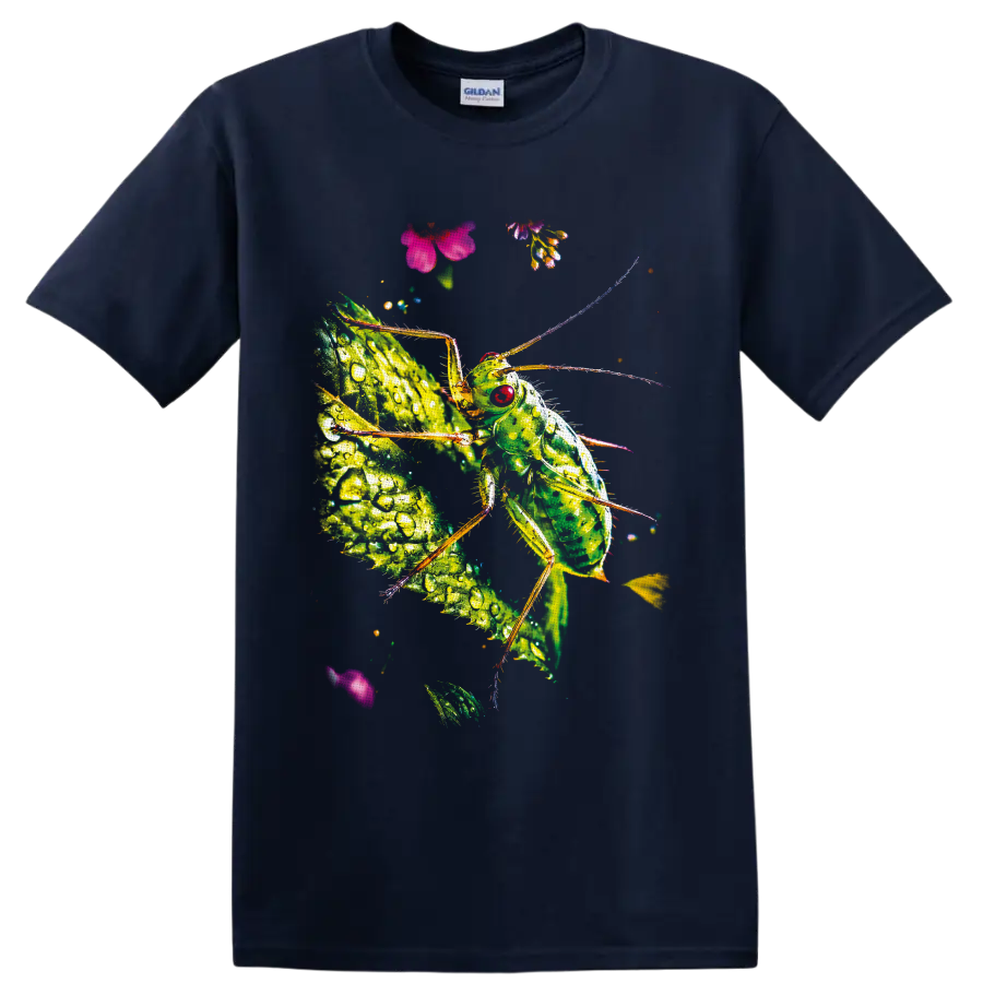 Detailed green katydid on a dew-covered leaf with small pink and purple flowers on a Navy (Blue) T Shirt