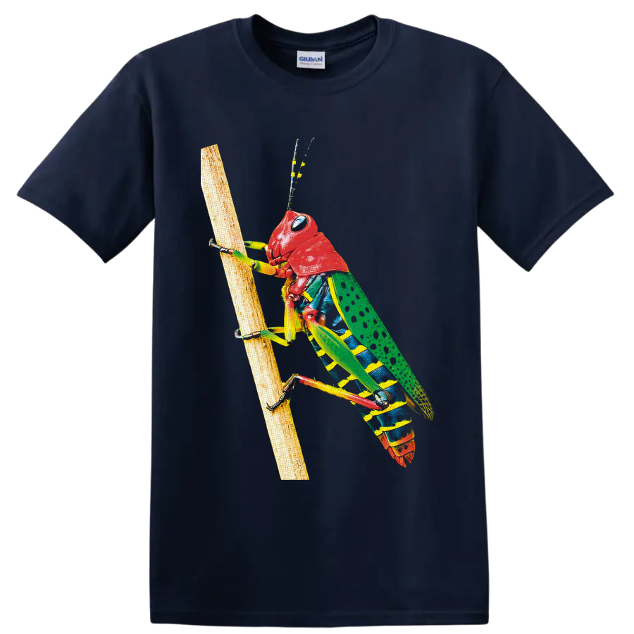 Colorful grasshopper climbing a branch in detailed wildlife illustration on a Navy (Blue) T Shirt