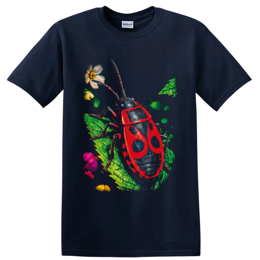 Red spotted beetle illustration with leaves, flowers, and long antennae on a Navy (Blue) T Shirt