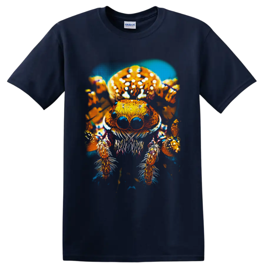 Jumping spider beneath spotted mushrooms in vivid psychedelic forest illustration on a Navy (Blue) T Shirt