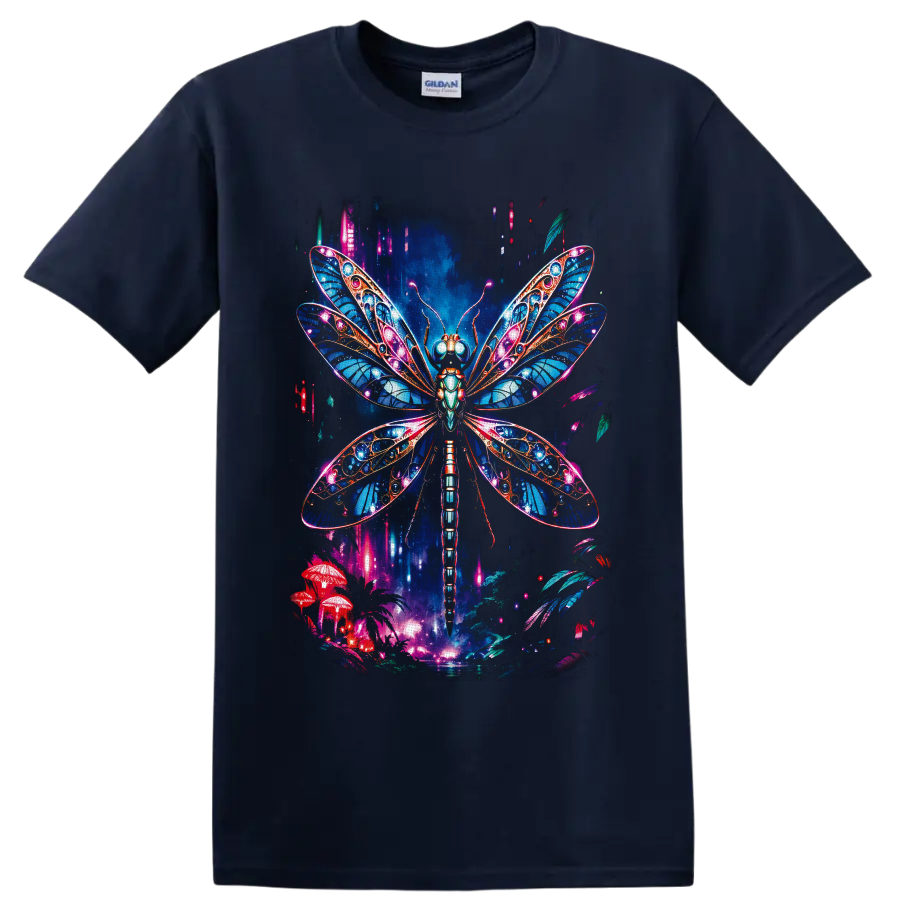 Neon fantasy dragonfly with jeweled blue wings over glowing mushrooms and woodland on a Navy (Blue) T Shirt
