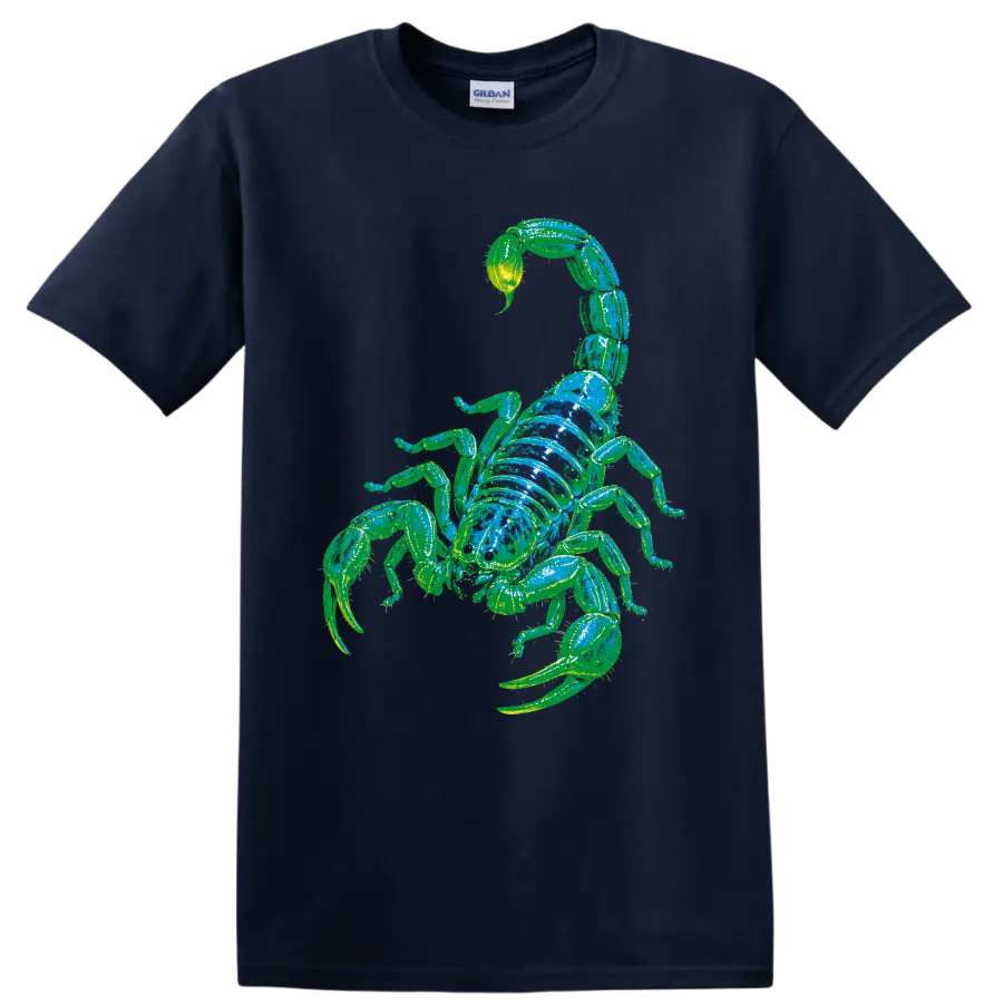 Neon green and blue scorpion arachnid graphic with curled tail and pincers on a Navy (Blue) T Shirt