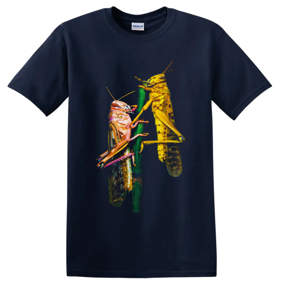 Colorful macro artwork of two grasshoppers facing each other on a green plant stem on a Navy (Blue) T Shirt