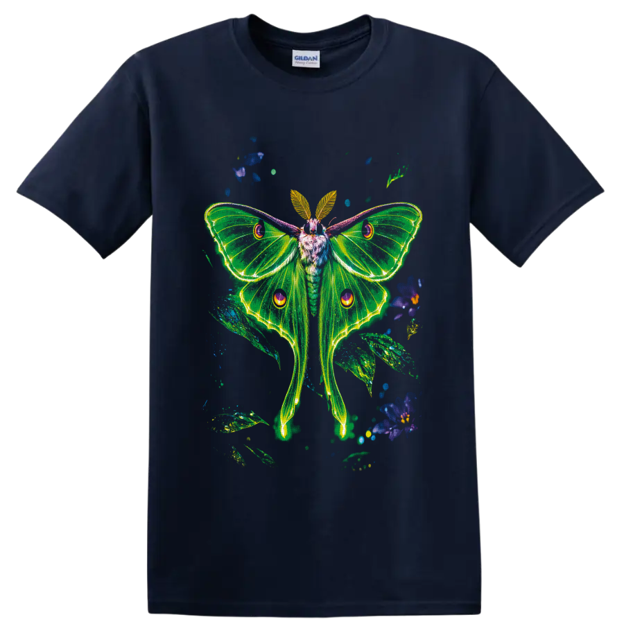 Neon green luna moth with glowing wings, blue flowers, and leafy botanical accents on a Navy (Blue) T Shirt