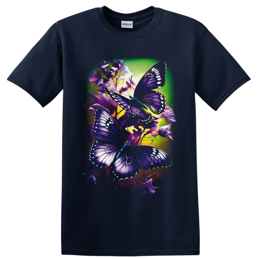 Purple butterflies with white wing markings among violet flowers in luminous garden art on a Navy (Blue) T Shirt