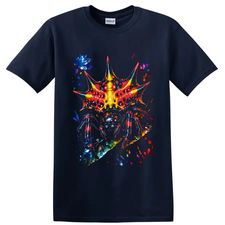 Psychedelic neon fantasy insect with red wings, blue legs, and glowing yellow body on a Navy (Blue) T Shirt
