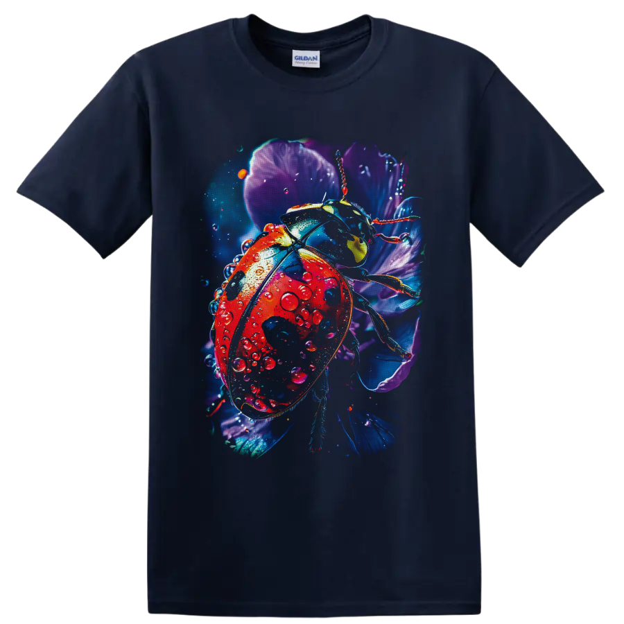 Detailed red ladybug with water droplets among glowing purple and blue flowers on a Navy (Blue) T Shirt