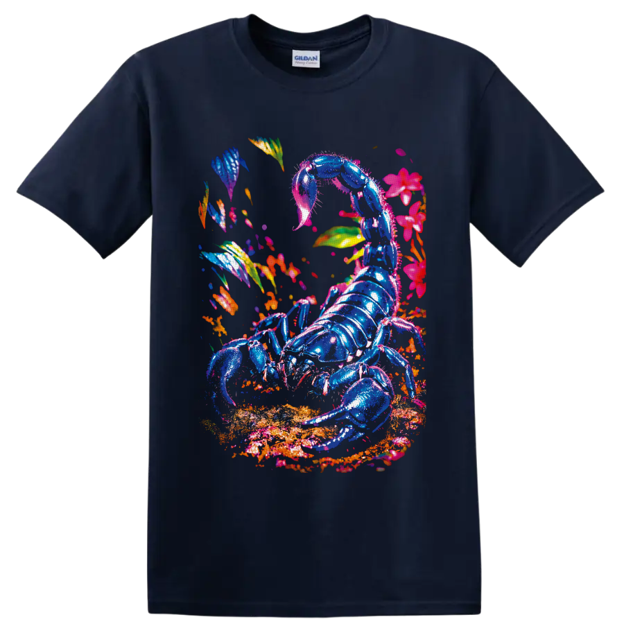 Neon blue scorpion with tropical flowers and leaves in vivid surreal botanical art on a Navy (Blue) T Shirt