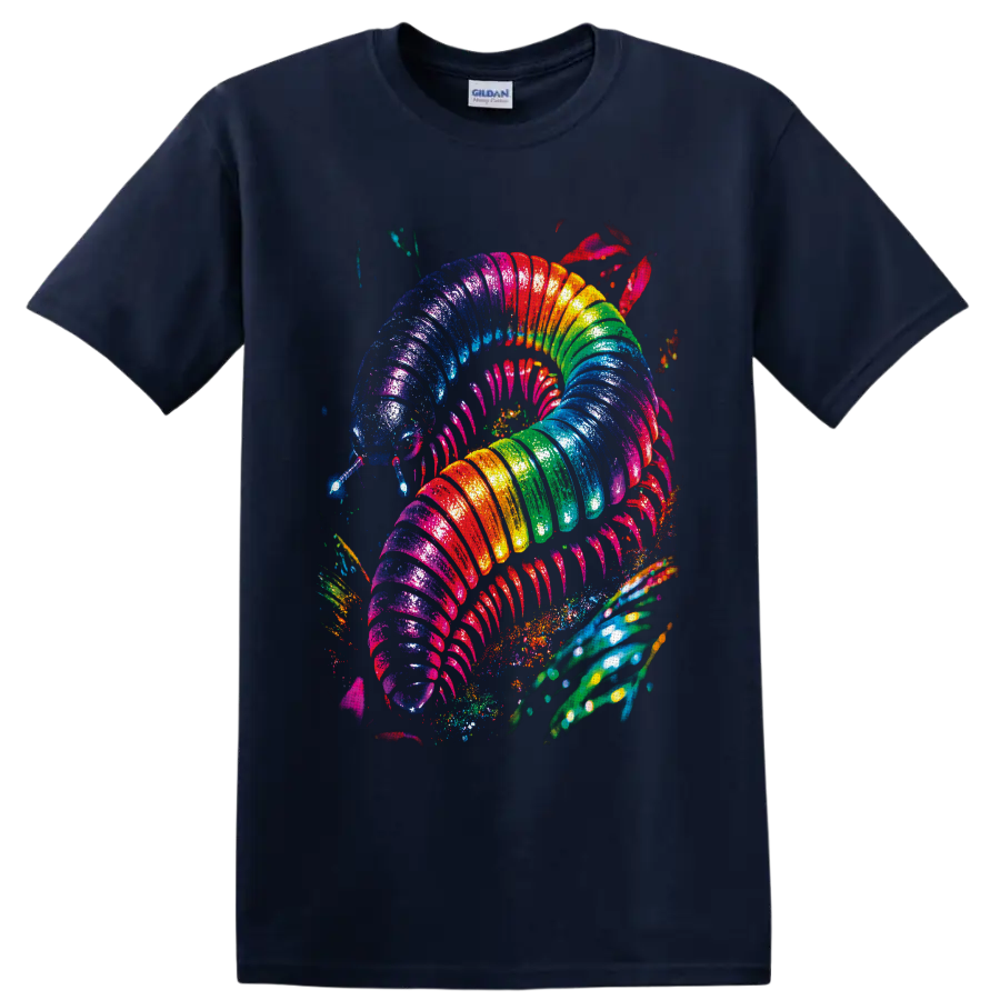 Psychedelic rainbow millipede with glossy segments, many legs, and paint splatters on a Navy (Blue) T Shirt