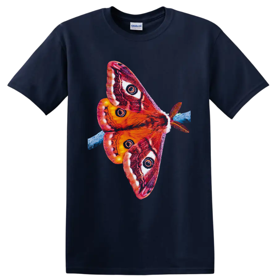 Colorful Cecropia moth illustration with red orange wings, eyespots, and blue branch on a Navy (Blue) T Shirt