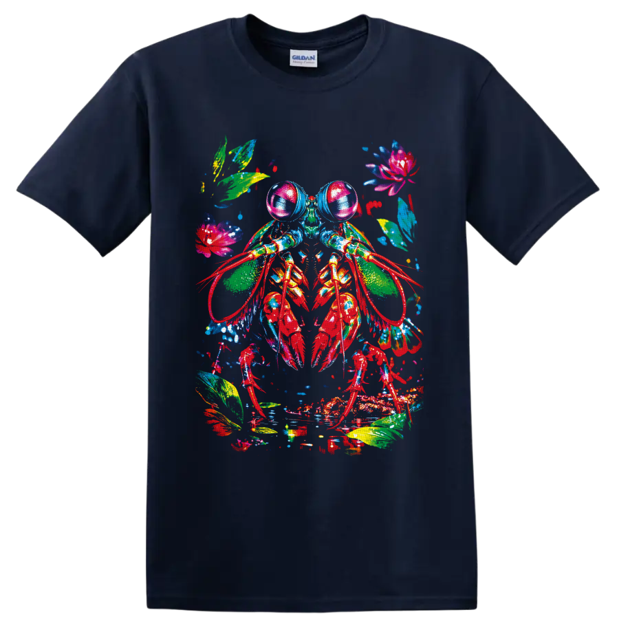 Colorful watercolor crayfish with tropical leaves, flowers, and paint splashes on a Navy (Blue) T Shirt