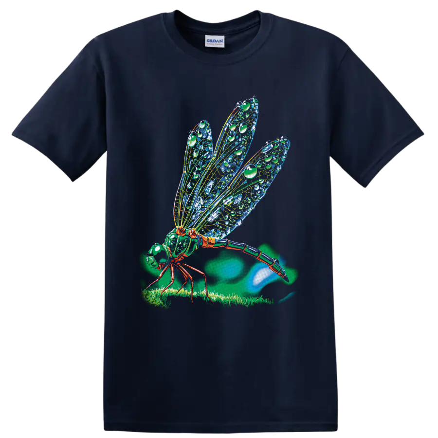 Colorful detailed cicada illustration with patterned wings, grass, and glowing nature on a Navy (Blue) T Shirt