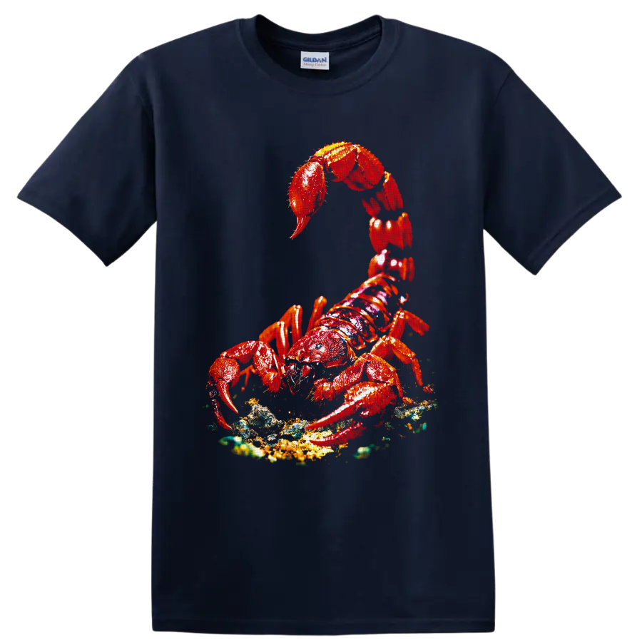 Vivid red lobster with raised claws on a textured ocean-floor graphic on a Navy (Blue) T Shirt