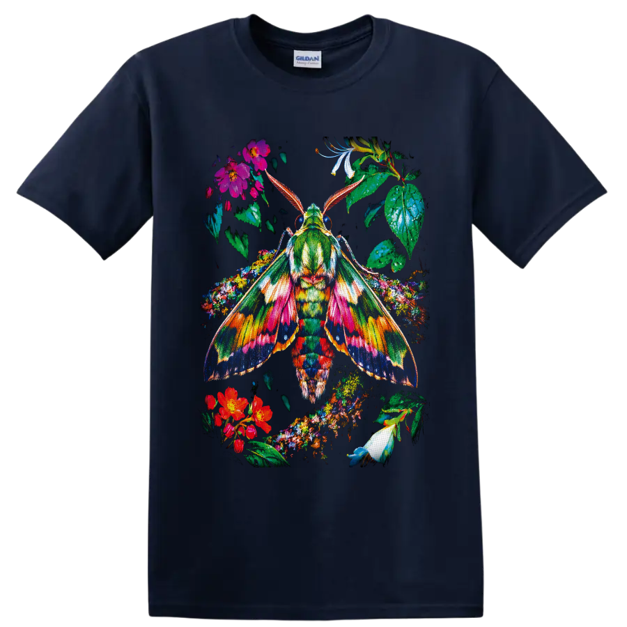Colorful botanical moth with patterned wings, tropical flowers, and lush leaves on a Navy (Blue) T Shirt