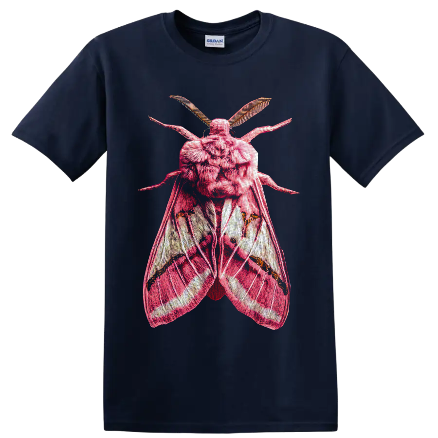 Detailed pink moth with textured wings and feathery antennae in gothic entomology art on a Navy (Blue) T Shirt
