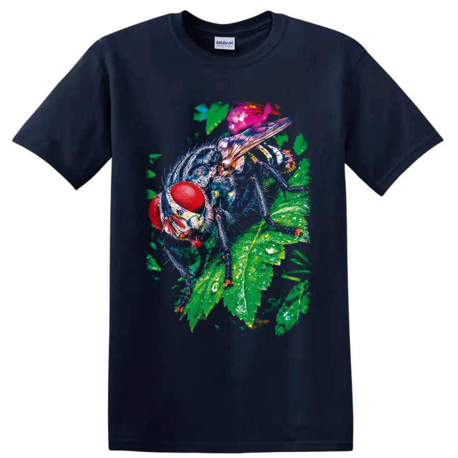 Colorful macro fly with red compound eyes and translucent wings on green leaves on a Navy (Blue) T Shirt