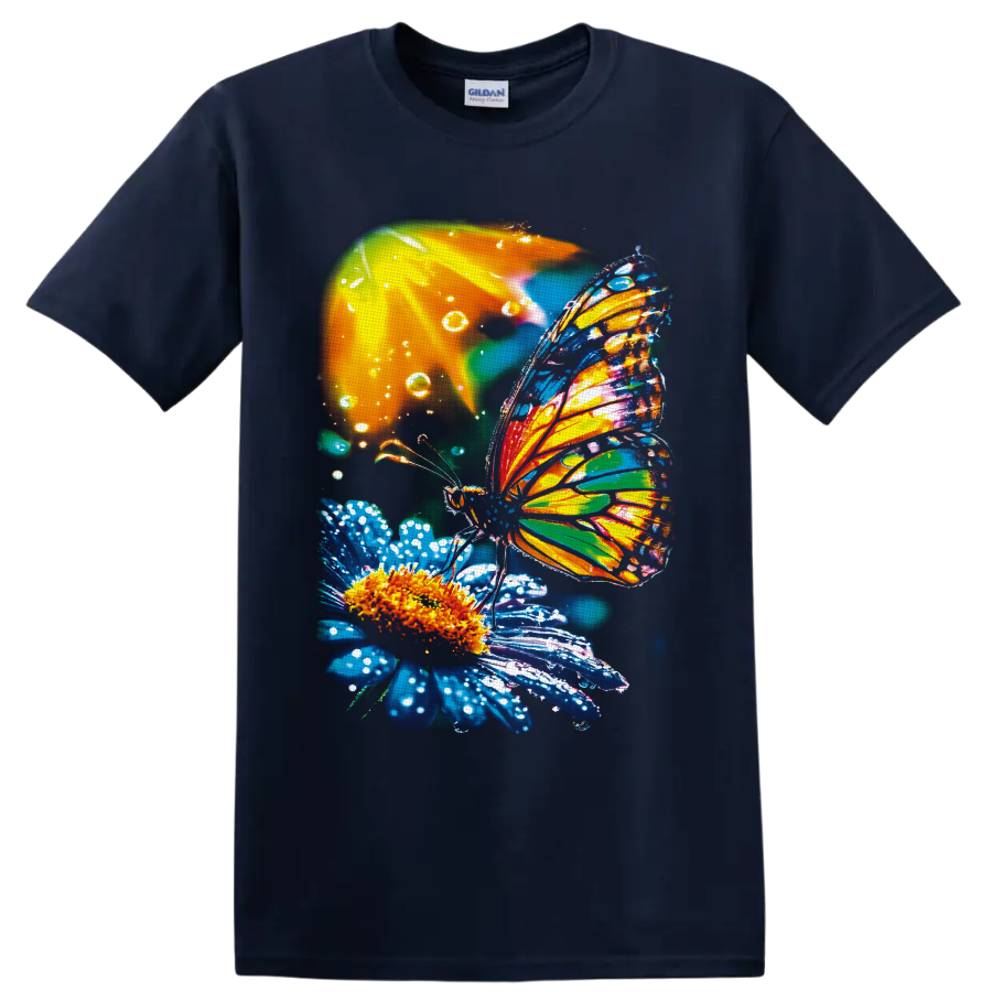 Colorful butterfly with jewel-toned wings resting on a blue flower with water droplets on a Navy (Blue) T Shirt
