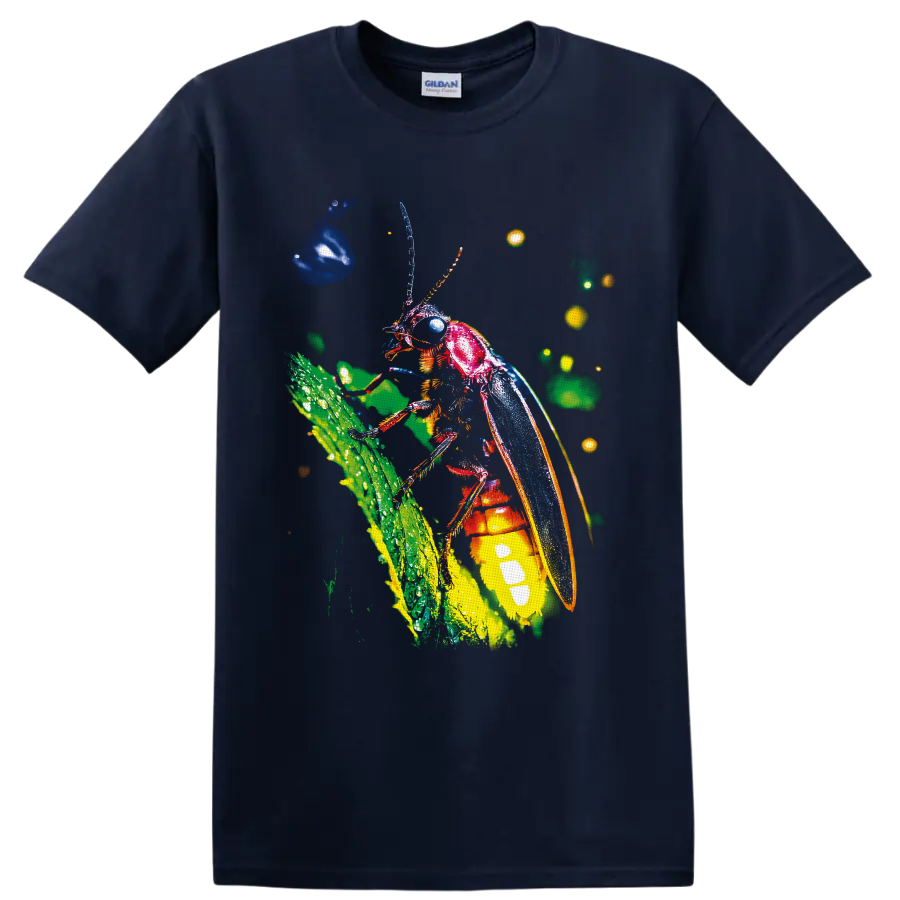Neon-style firefly with blue wings and glowing abdomen on a green stem on a Navy (Blue) T Shirt