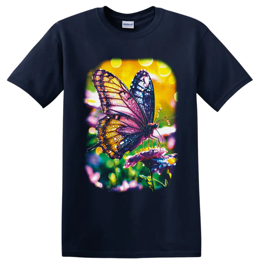 Colorful butterfly on a pink flower with jewel-tone wings and glowing garden bokeh on a Navy (Blue) T Shirt
