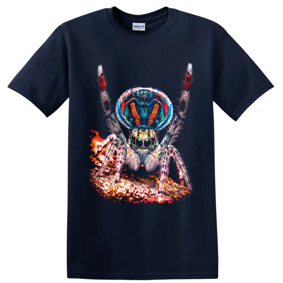 Psychedelic jumping spider with mushroom-inspired cap and vivid textured woodland art on a Navy (Blue) T Shirt