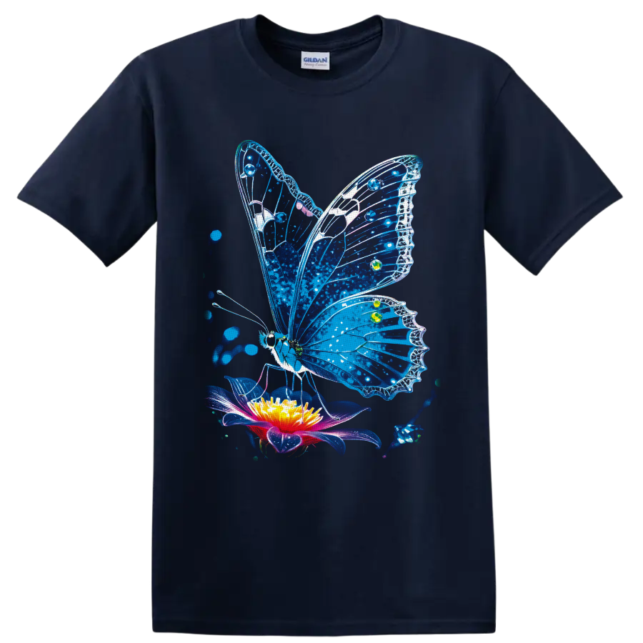 Blue stained-glass-style butterfly above a glowing flower with blue splatter accents on a Navy (Blue) T Shirt