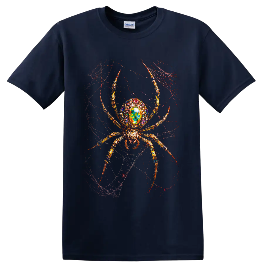 Ornate jeweled golden spider with colorful crystal body on a tangled gothic web on a Navy (Blue) T Shirt